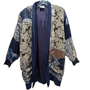 VTG Maggie Shepherd Blue, Brown and Tan Silk Blend Open Patchwork Jacket - Large